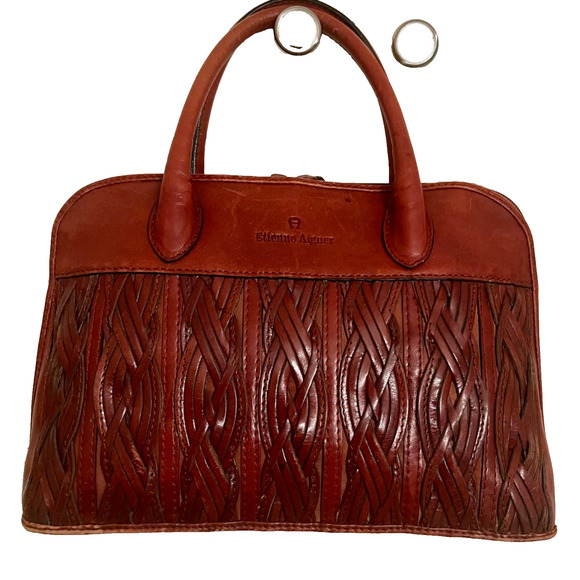 Etienne Aigner VTG Leather Woven Weave Braided 2- Handle Purse Double Zip Classy - Picture 1 of 15